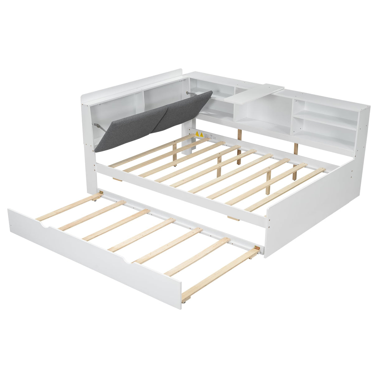 Merax Full Size Daybed with Upholstered Storage Headboard and Trundle, Pine Wood Corner Bed Frame with Bookshelf, Rotatable Table Board for Kids Boys Girls Teens, Easy Assembly, White Merax
