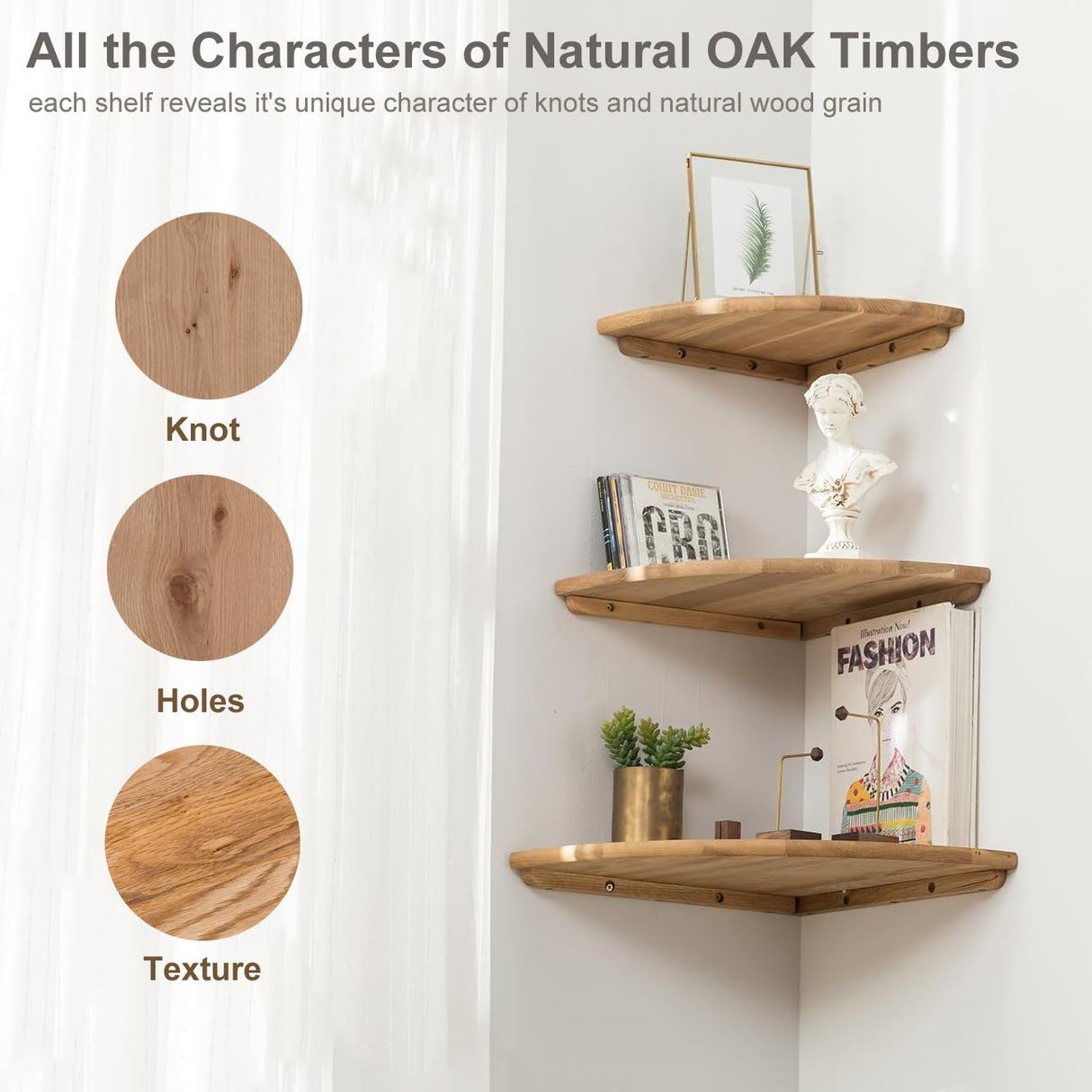 Corner Shelves, Floating Corner Shelf, Set of 2 7inch Solid Oak Wood Wall Shelves, Round End Wall Mount with Wire Hole Shelving for Small Plant for Bedroom Kitchen, Living Room Conamily