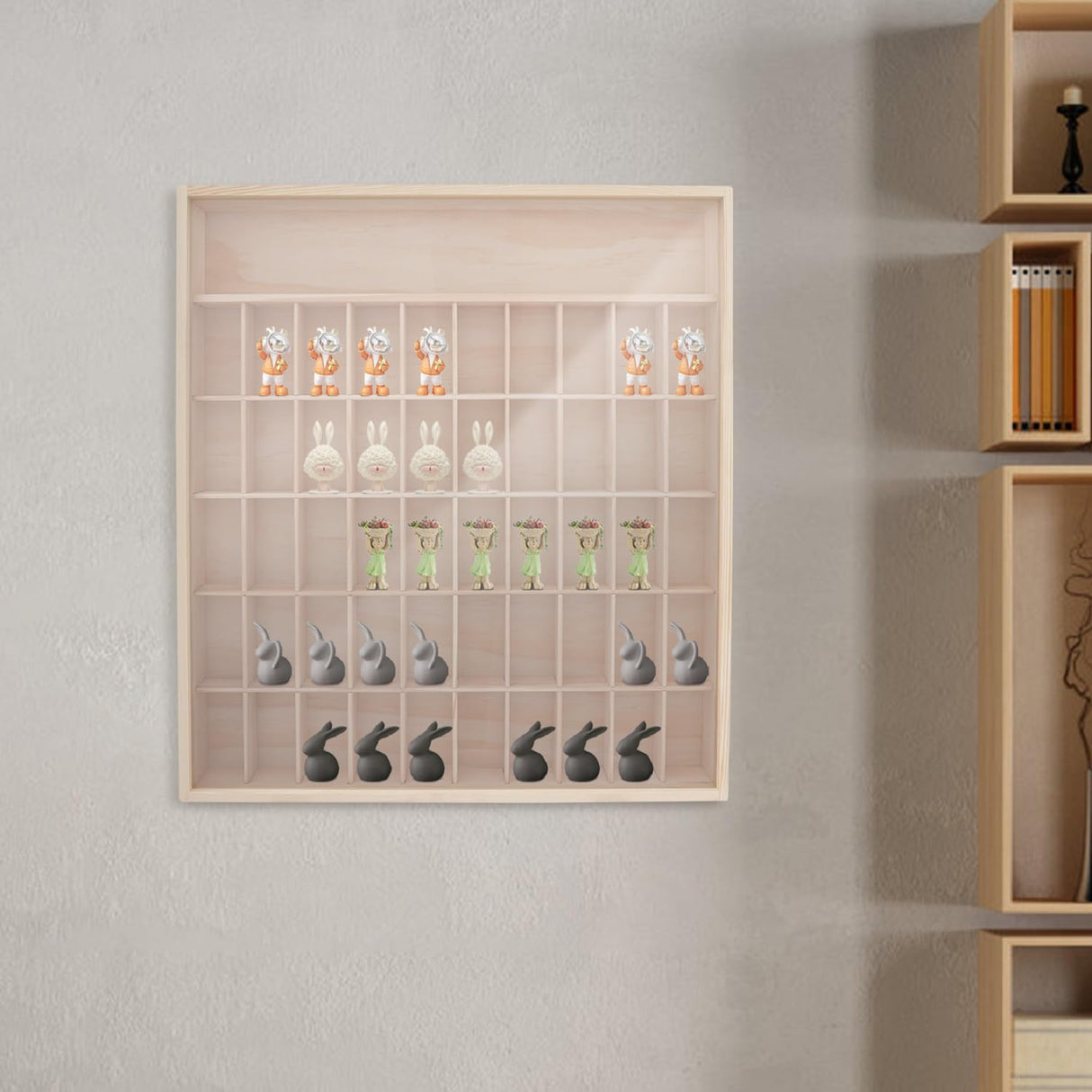 LOONGWEIA Wall Mount Wooden Display Case, 6 Tier Minifigure Display Cabinet with Acrylic Door Miniature Curio Cabinet with 50 Small Compartments for Mini Figures Collectibles Action Figures LOONGWEIA