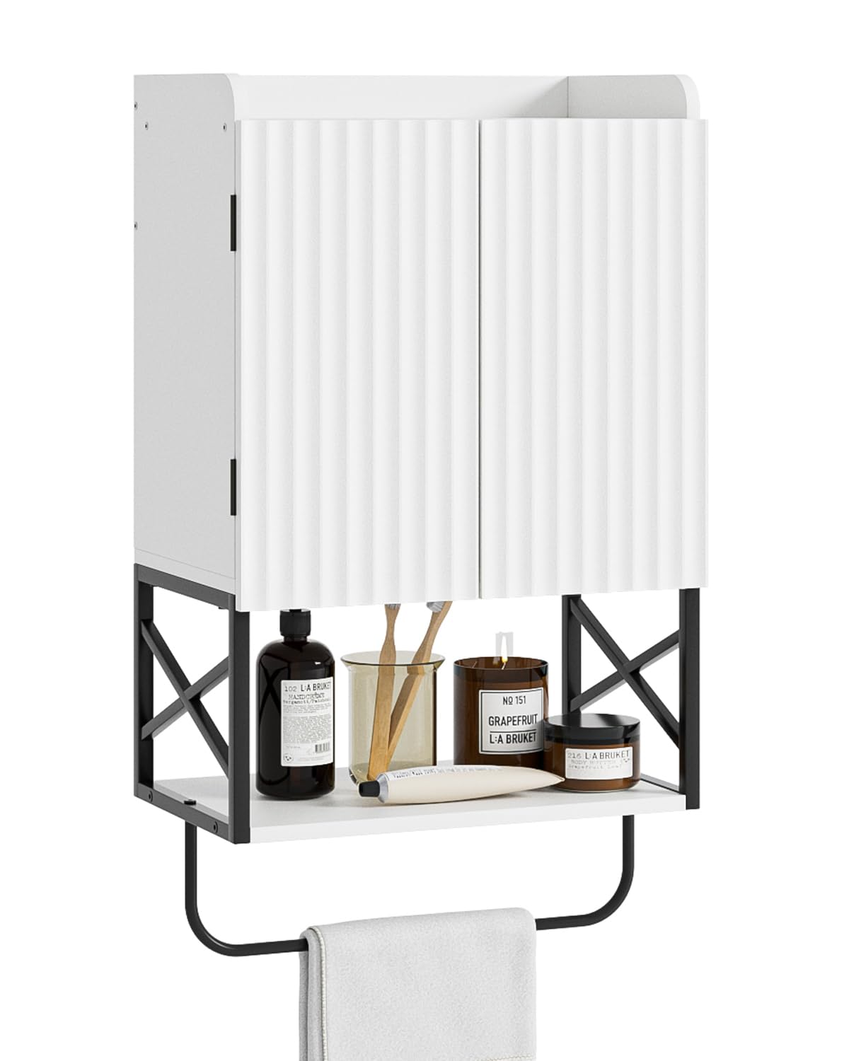 Masupu Fluted Bathroom Wall Cabinet, Small Hanging Bathroom Cabinet with Adjustable Shelf and Magnetic Latch Doors, Wood Wall Mounted Cabinets for Laundry, White Masupu