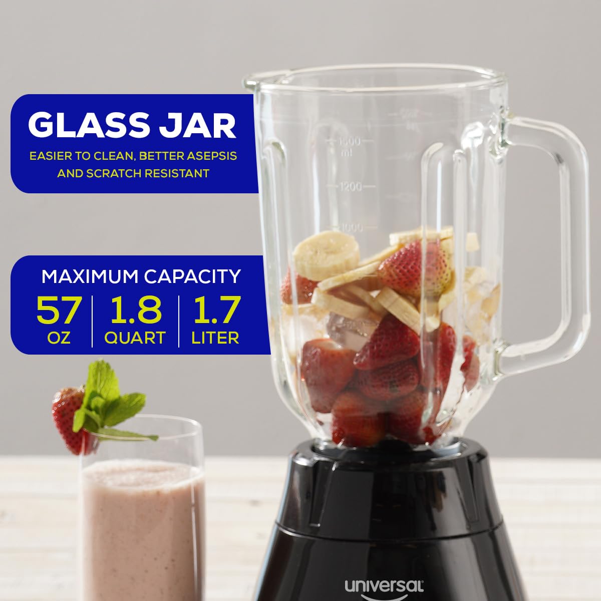 Universal 550W Mass Vital Blender with Glass Jar 57 Oz / 1.7 Liter / 1.8 Quart, 2 Speed + Pulse Function and 4 Stainless Steel Blade with Chrome Steel Technology universal