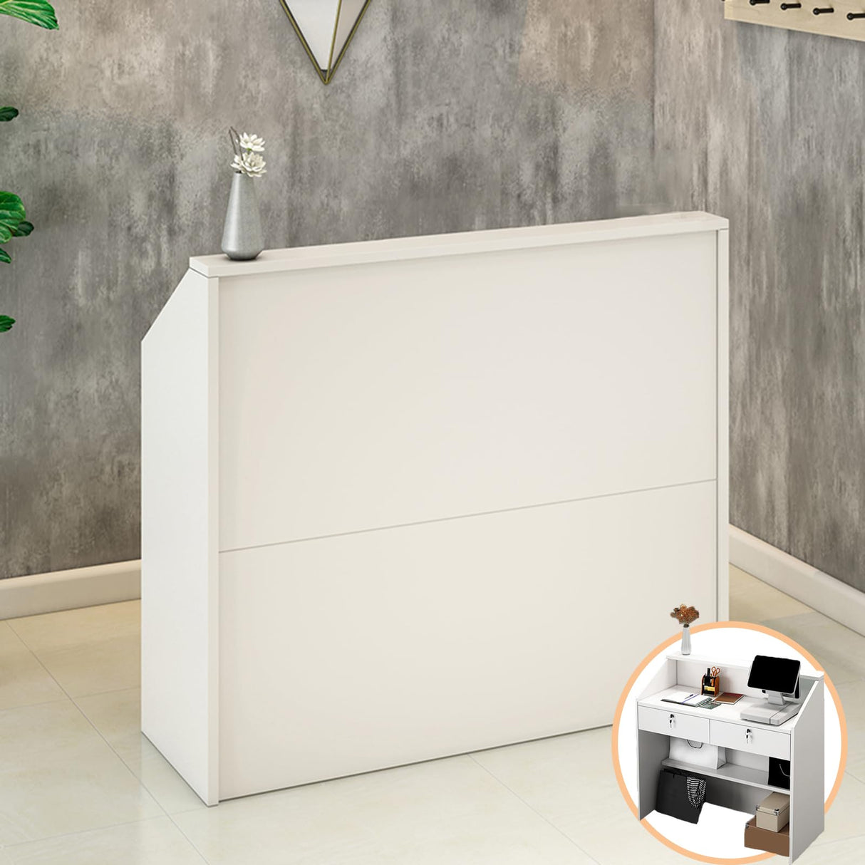 Reception Desk with Counter, Modern Front Desk with Lockable Drawers, White Retail Counter for Checkout Salon, Lobby, Store, Small Wood Cashier Table with Cable Grommet (White, 31x 14 x 36 inches) TEENKON