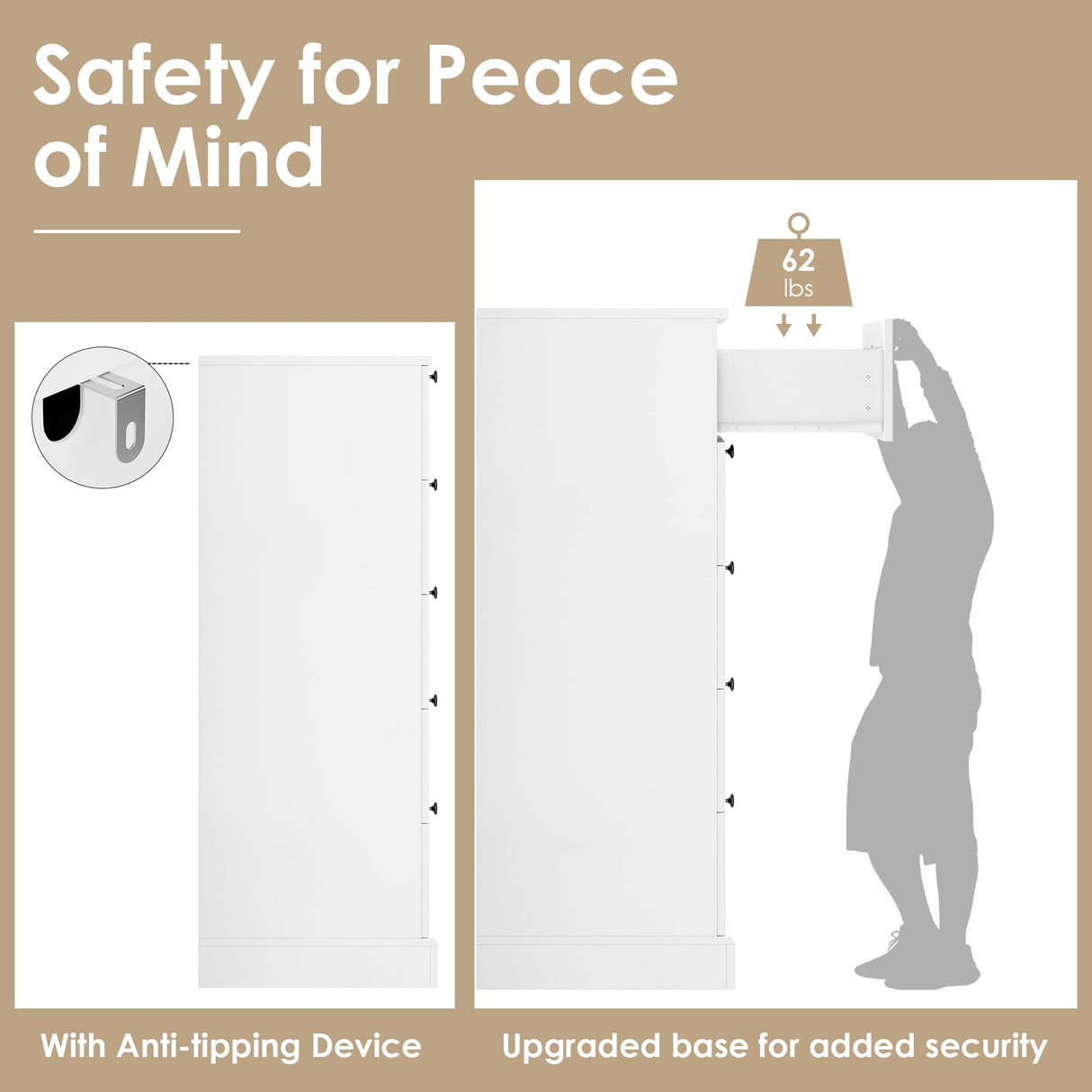 HOSTACK 5 Drawer Dresser for Bedroom, 43.7" Tall Dresser & Chest of Drawers, 29" W Drawer Chest with Metal Handles, Wood Vertical Dresser Storage Cabinet for Living Room, Hallway, Entryway, White HOSTACK