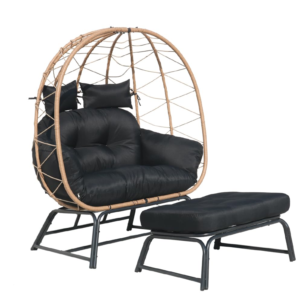 Frxeyaliz Outdoor Double Egg Chair w/Ottoman PE Rattan Wicker Papasan Chair w/Cushion for Patio Bedroom Living Room Balcony Backyard Frxeyaliz