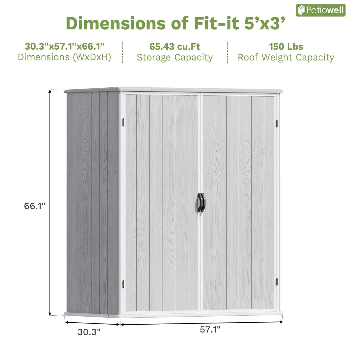 Patiowell 5x3 FT Outdoor Storage Shed with Floor, Plastic Vertical Storage Cabinet with Lockable Doors for Garden, Pool Storage, Tools and Patio Furnitrue Accessories, Light Gray Patiowell
