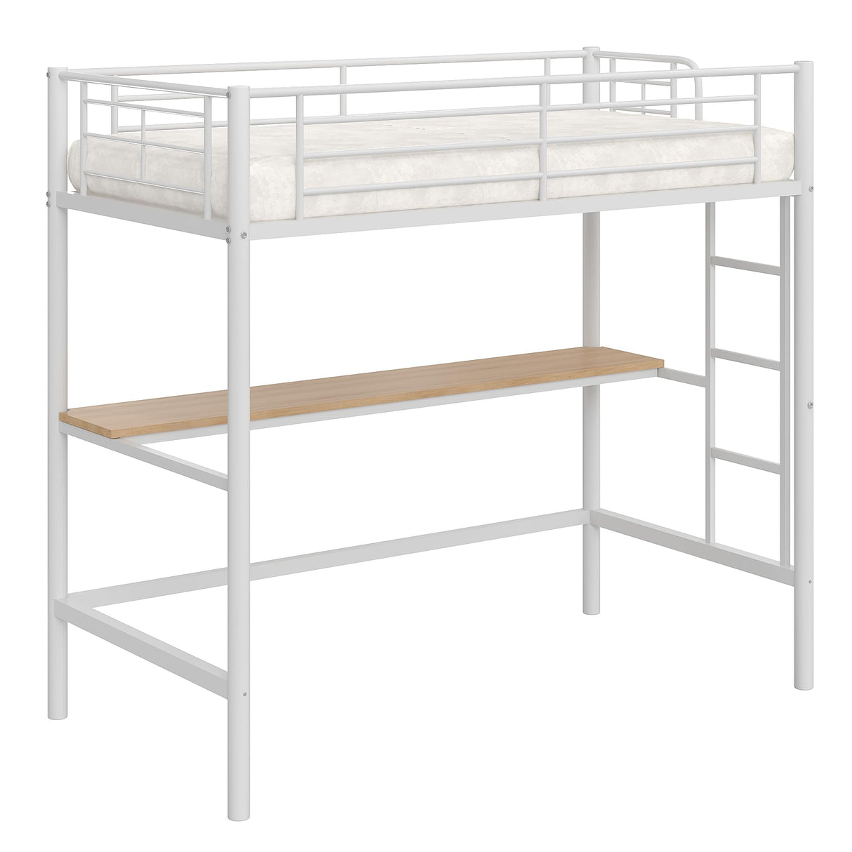VECELO Loft Bed Twin Size with Desk, Metal Bedframe with Removable Ladder and Safety Guardrail, No Box Spring Needed, Space Saving, Noise Free, Pure White VECELO