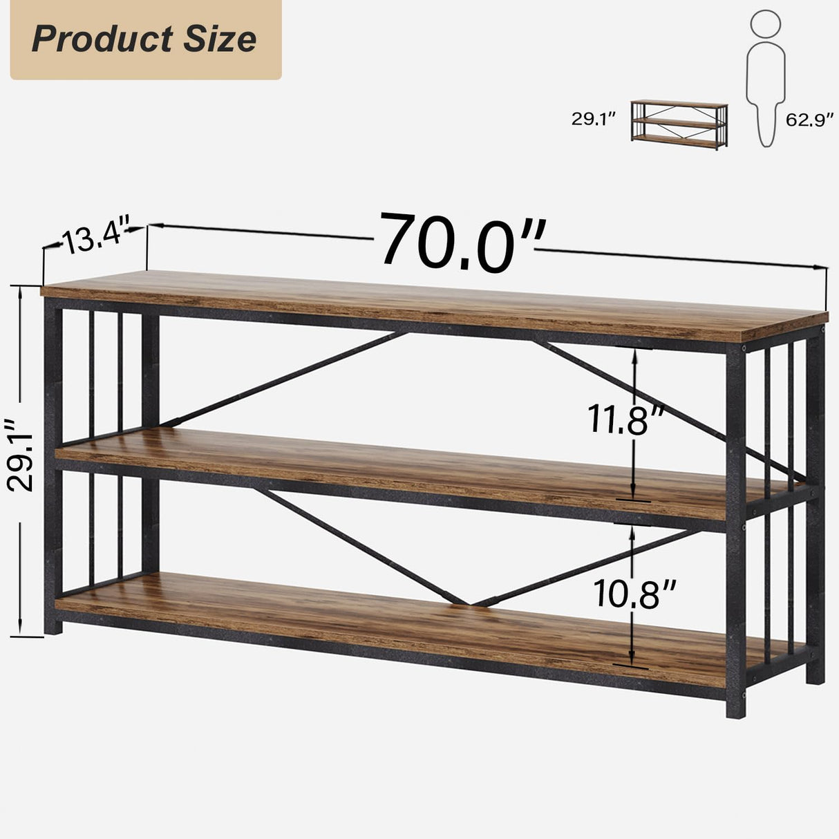 HSH Low Bookshelf, Industrial Wood 3 Tier Extra Long Horizontal Bookcase, Wide Open Metal Large Book Shelf for Bedroom Living Room, Rustic Brown, 70 Inch HSH