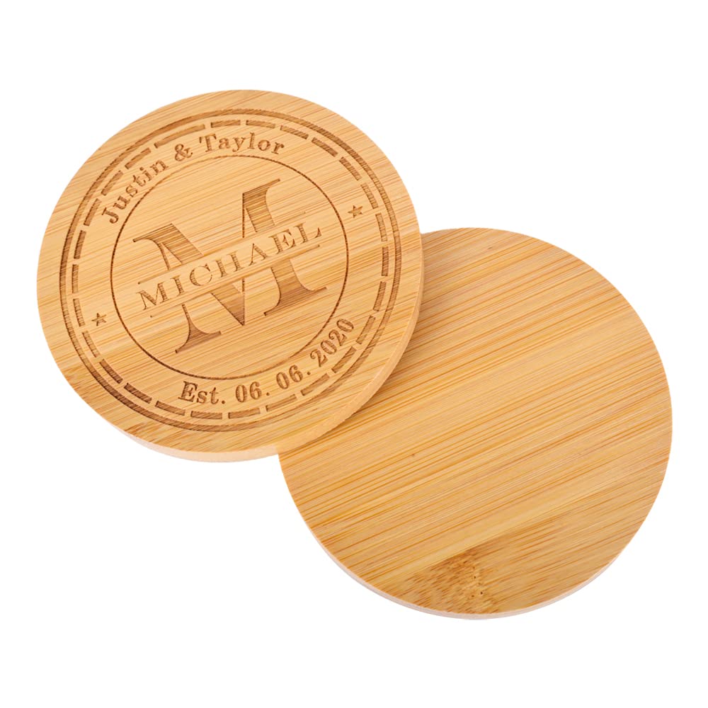 Personalized Coasters, Custom Engraved Coasters, Bamboo Coasters for Drinks, Monogram Coasters with Holder, Great Gifts for Relatives, Friends or Yourself (M, Set of 4) Mojia