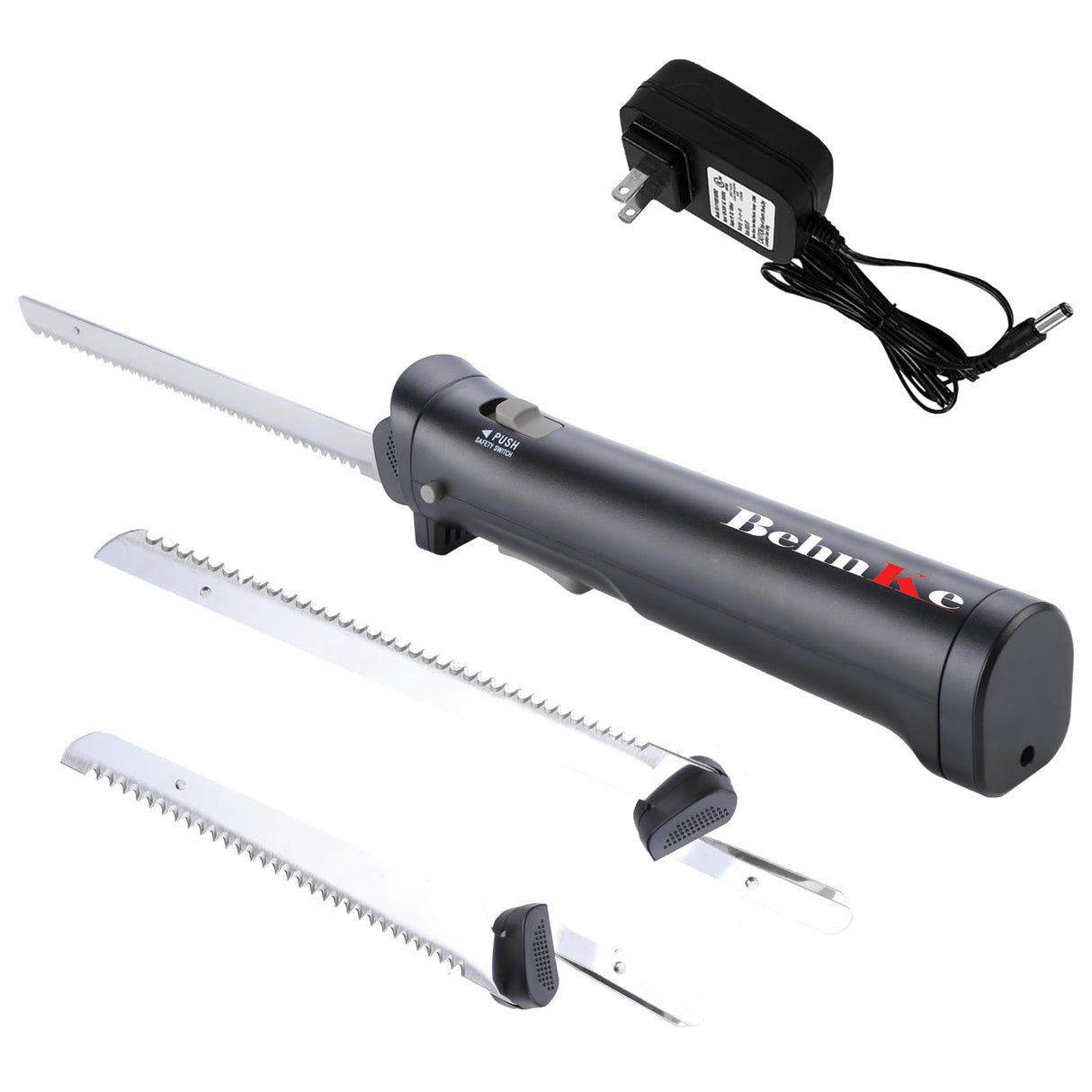 BEHNKE Professional Cordless Rechargeable Electric Knife with 4 Serrated Blades and Safety Lock Trigger Release, Perfect for Carving Meats, Poultry, Bread – Black BEHNKE