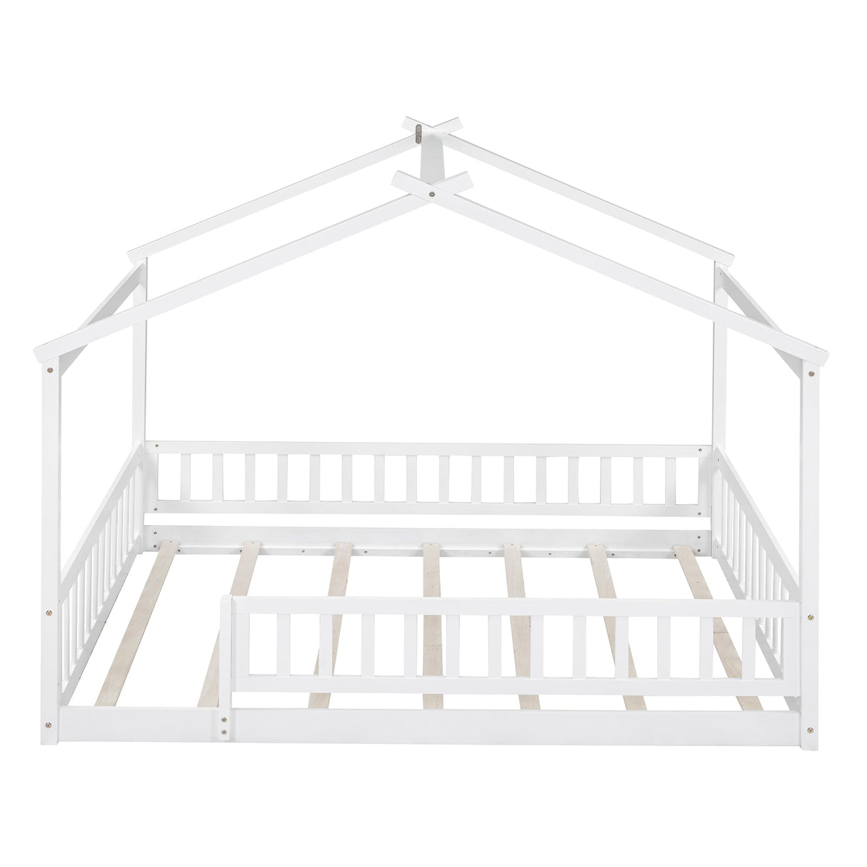House Bed Full Size Floor Bed with Fence Railings, Wooden Montessori Style Bed Frame for Kids, Fun Playhouse Beds for Girls Boys, White Bellemave