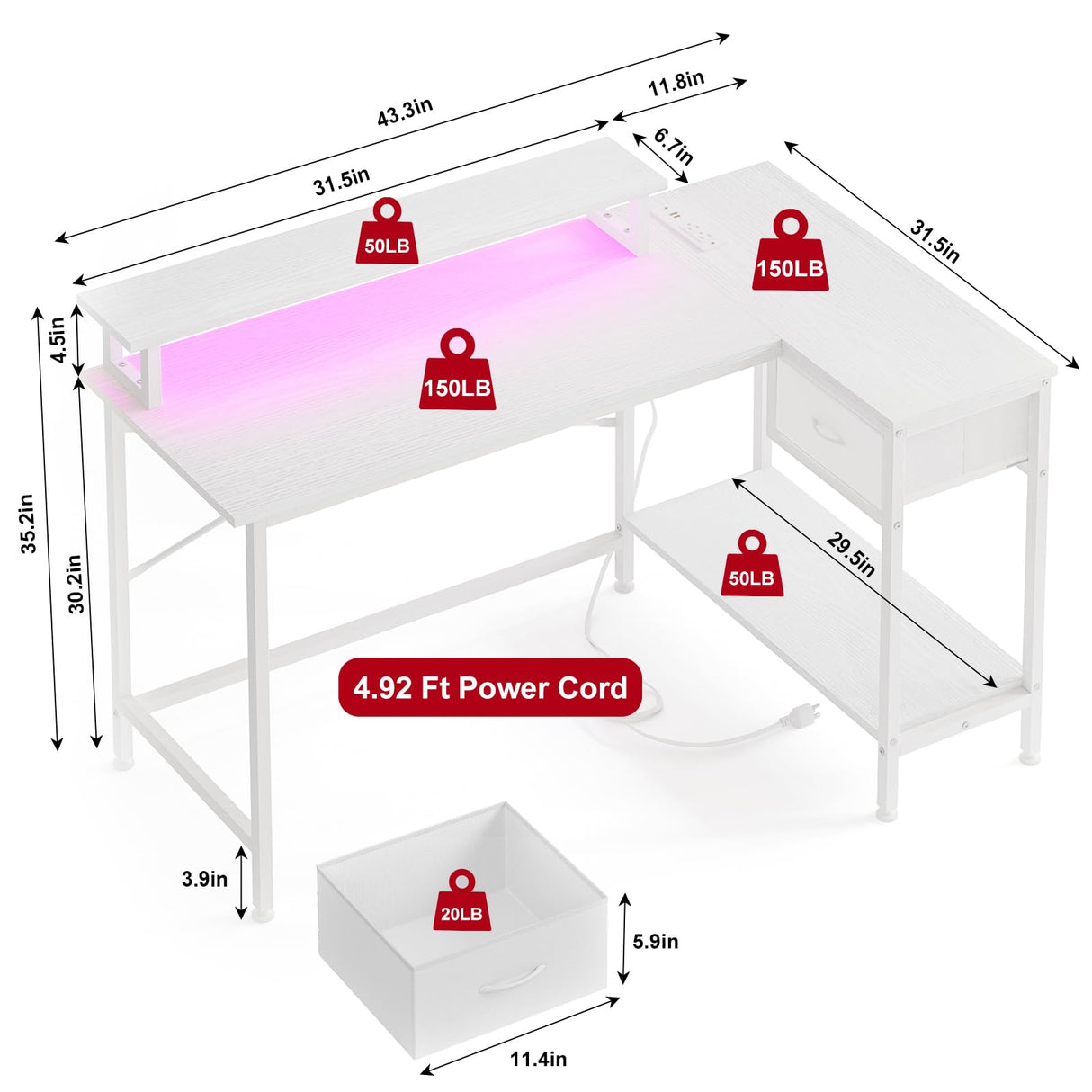 Fixwal L Shaped Gaming Desk with Power Outlets and LED Lights, 43 Inch Computer Desk with Charging Port, Small Corner Desk Table with Drawer and Shelf, Home Office Desk with Monitor Stand Fixwal