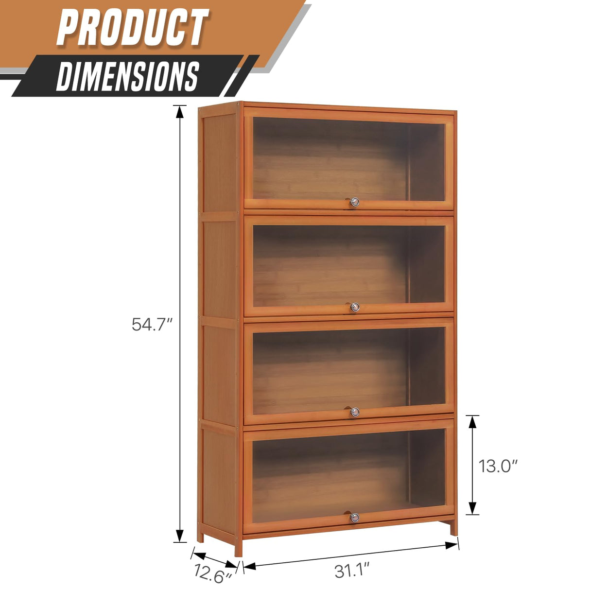 SFIHOME 55" H Bamboo Bookcase with Acrylic Doors, 4 Tier Free Standing Tall Book Shelf Storage Cabinet, Corner Bookshelf Display Organizer Save Space for Living Room Office Home, Brown SFIHOME