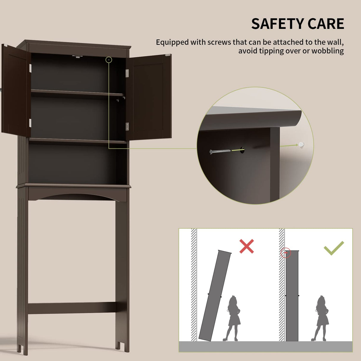 Gizoon Espresso Over-The-Toilet Storage Cabinet with Adjustable Shelf and Double Doors Gizoon
