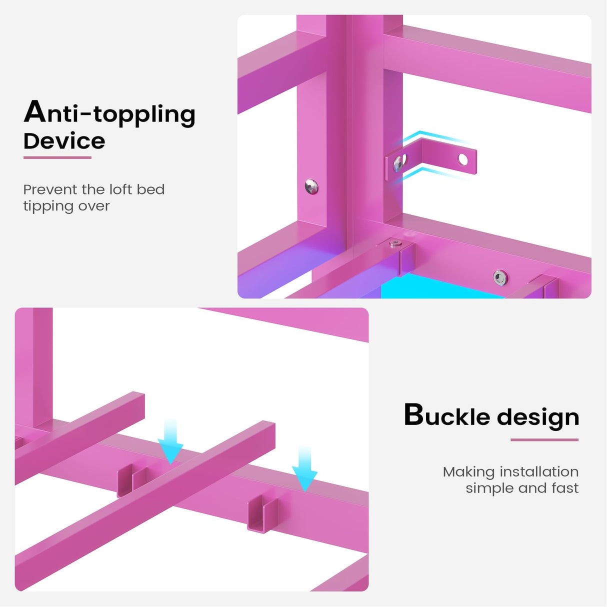 Hasuit Twin Metal Loft Bed with LED Lights, Loft Bed Twin Size with Full-Length Guardrail &Clothes Rack, Heavy Duty Loft Bed Twin Frame, Space-Saving, Noise Free, No Box Spring Needed, Pink Hasuit