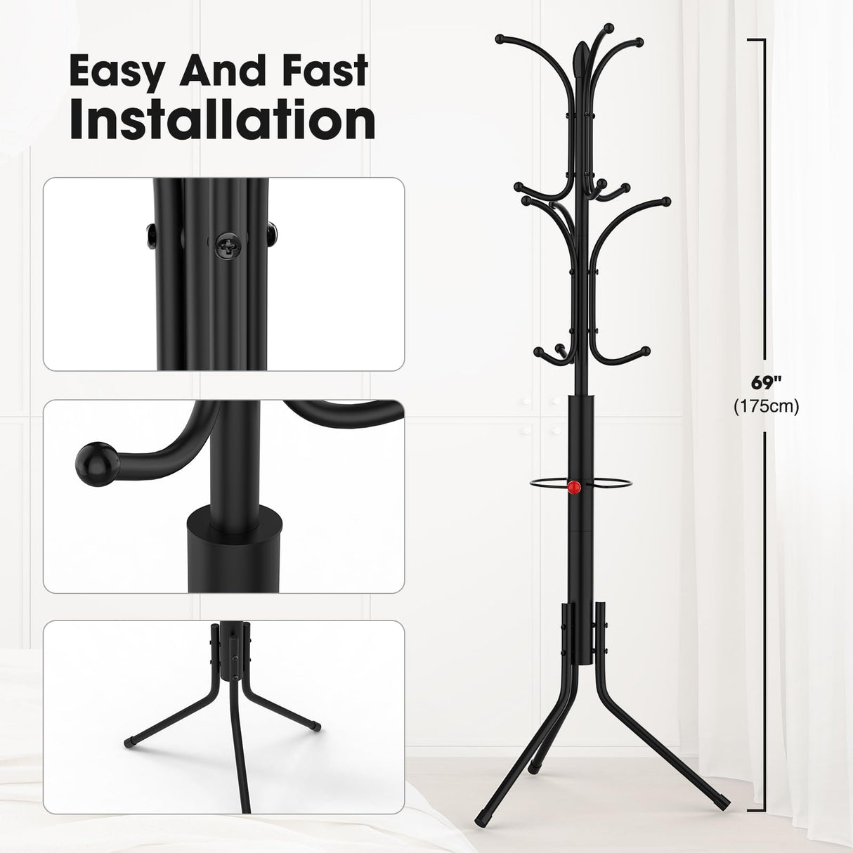 Ulimart Coat Rack Freestanding,12 Hooks Metal Coat Racks with Umbrella Holder,Sturdy Hall Rree,Easy Assembly Coat Rack Stand for Hanging Scarf,Purse,Hats,Jacket(Black) Ulimart