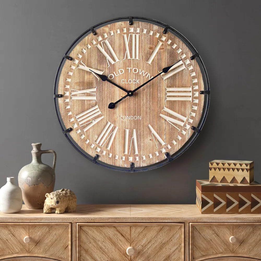 MODE HOME Large Farmhouse Wall Clock, 24 Inch Rustic Wooden Wall Clock Decorative with Metal Circle and Engraved Numerals, Silent Battery Operated for Kitchen Bedroom Living Room Fireplace Mantel MODE HOME
