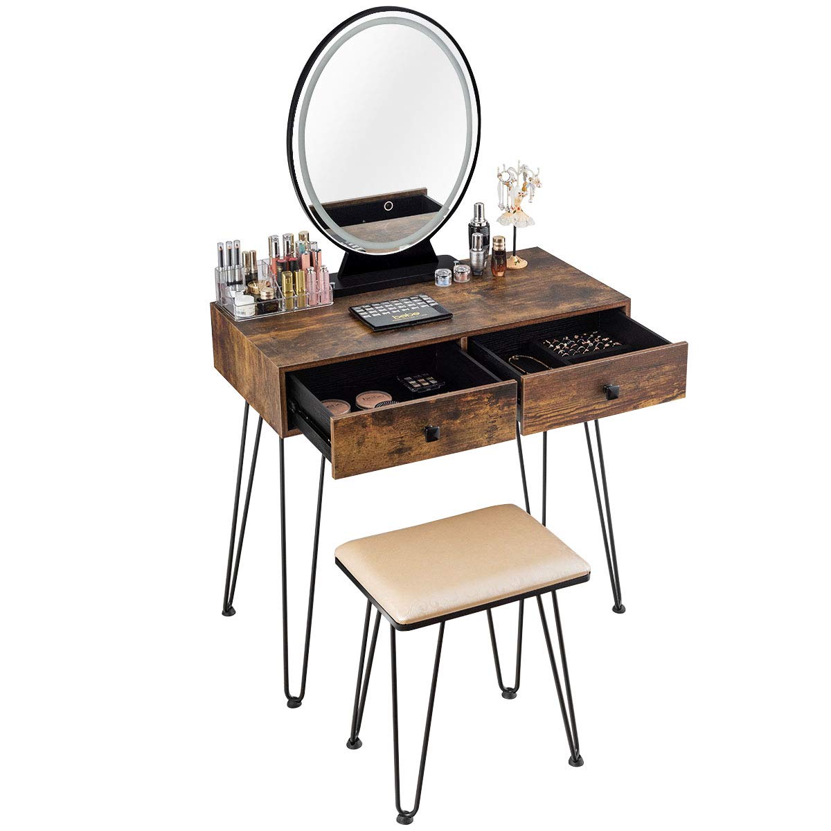 CHARMAID Makeup Vanity Table with Lighted Mirror, 3 Lighting Sets, Adjustable Brightness, 2 Large Drawers, Acrylic Storage Boxes, Girls Bedroom Dressing Table Vanity Set with Stool (Rustic Brown) CHARMAID