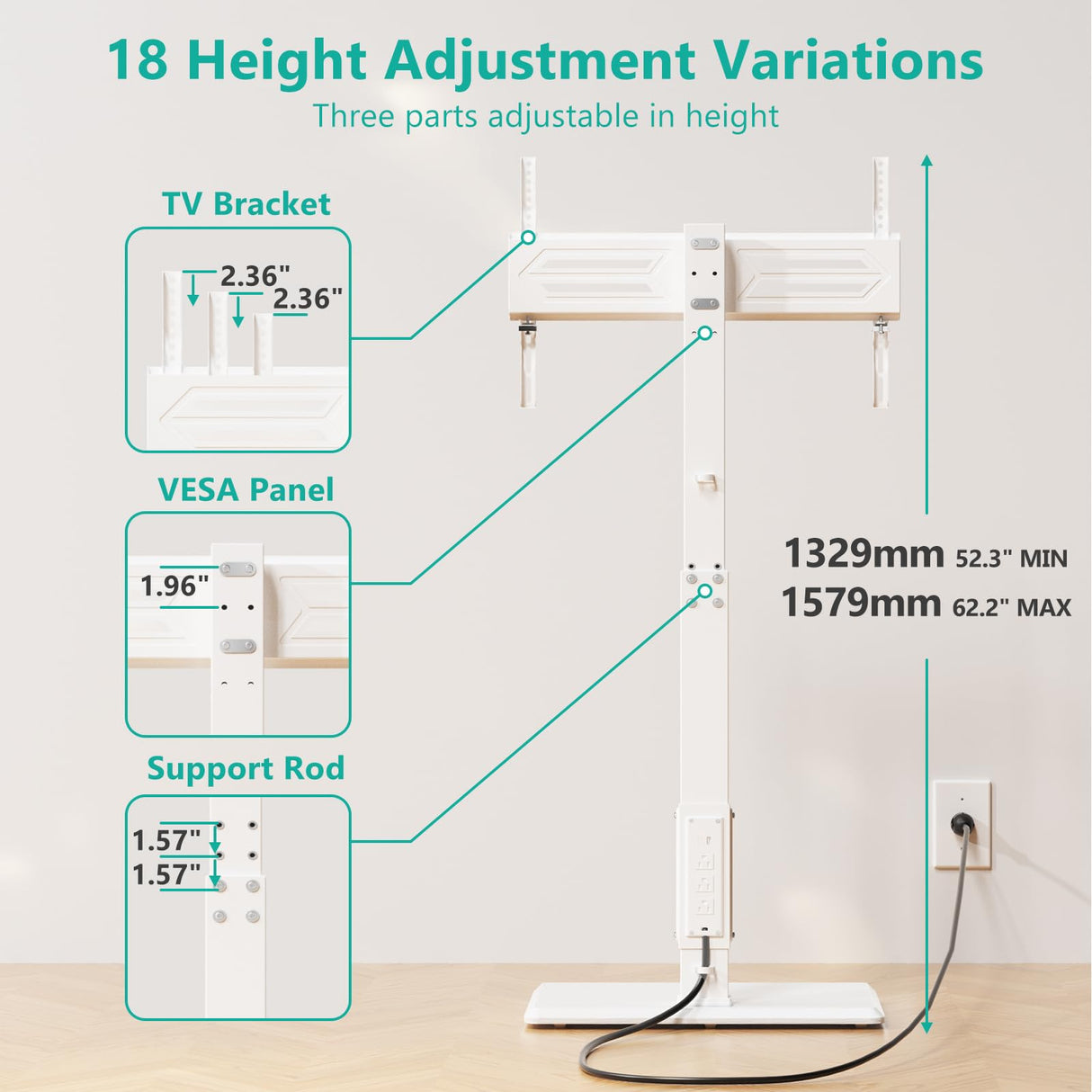 WALI Floor TV Stand with Power Outlet, Tall TV Stand Mount for 32-70 inch TVs up to 110 lbs, Swivel and Height Adjustable TV Stands with Wood Base for Bedroom, Office(TVDVD-7PW), White WALI