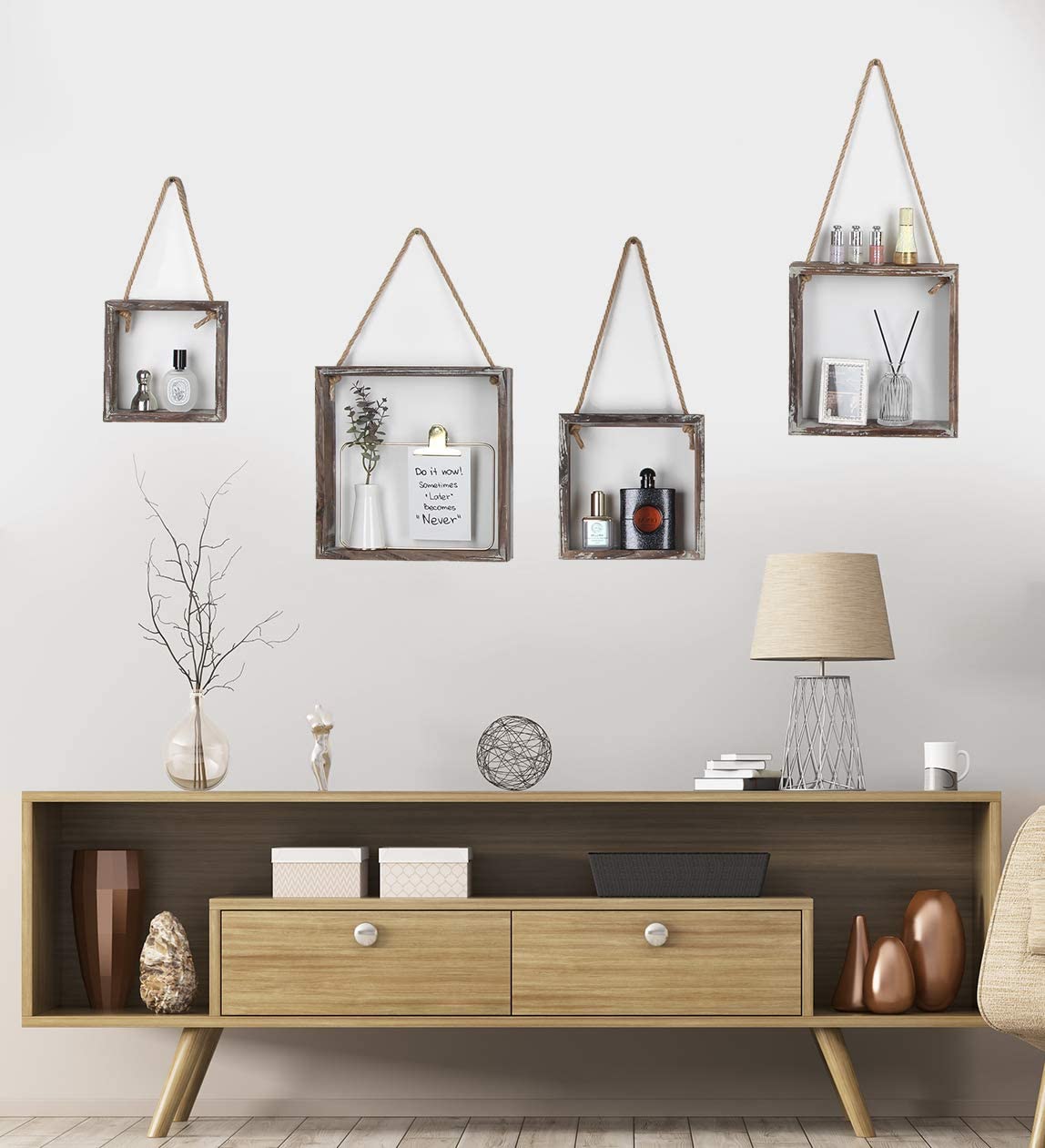 J JACKCUBE DESIGN Wall Decor Floating Hanging Square Shelves Wall Mounted Rustic Wood Cube Display Shelf Shadow Boxes Decorative Boho Home Décor for Living Room, Bedroom, Office, Set of 4 - MK571A J JACKCUBE DESIGN