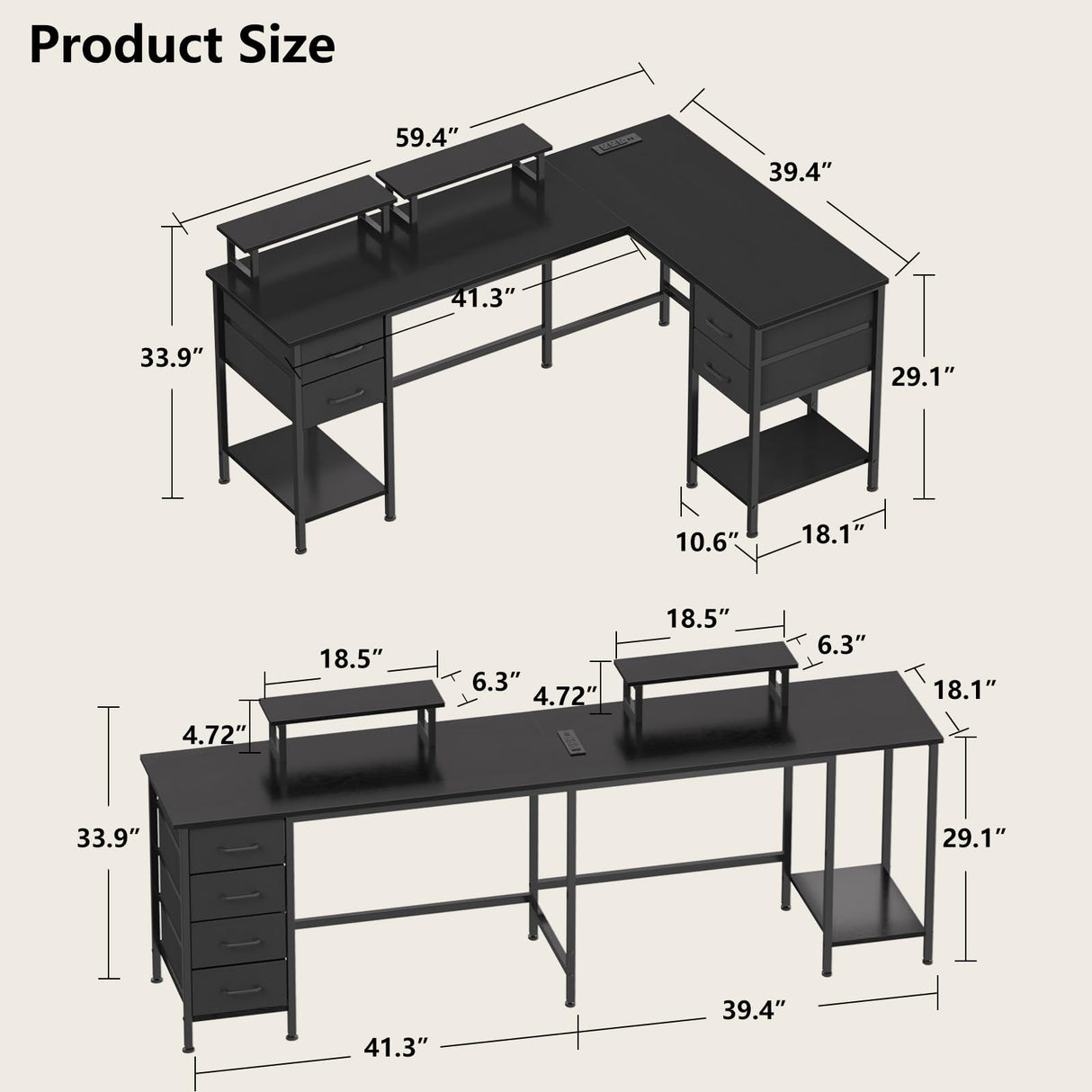 Korfile L Shaped Computer Desk with Power Outlets, Corner Desk with 2 Monitor Stands, Home Office Desk with 4 Adjustable Storage Drawers & Shelves, Large Gaming Desk for Bedroom, 59 inch, Black Korfile