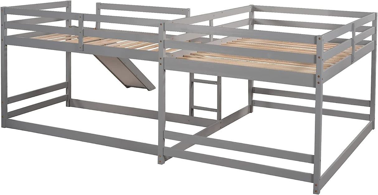 MERITLINE Quad Bunk Beds,Wood L-Shaped Bunk Beds with Slide and Ladder, 4 in1 Full and Twin Size Bunk Bed for Kids, Teens, Adults,Grey MERITLINE