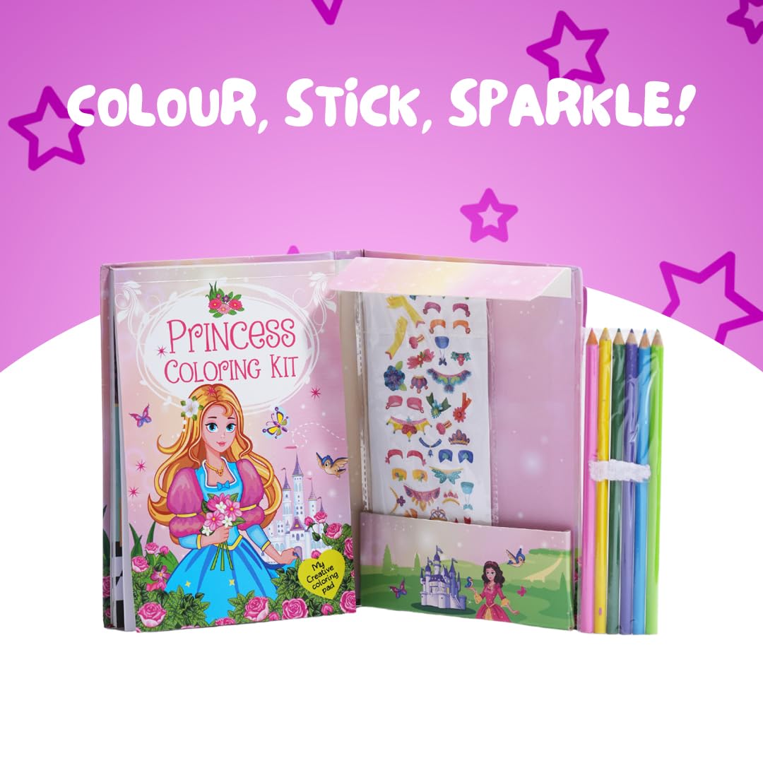 FIRSTJIGGLE Princess Colouring Art Kit for Girls Age 3 4 5 6 7 8 Old | 48 Pages & 8 Sticker Sheets | 6 Color Pencils | Magical Princess Scenes | Creative Activity Book for Fun, Learning and Gift FIRSTJIGGLE