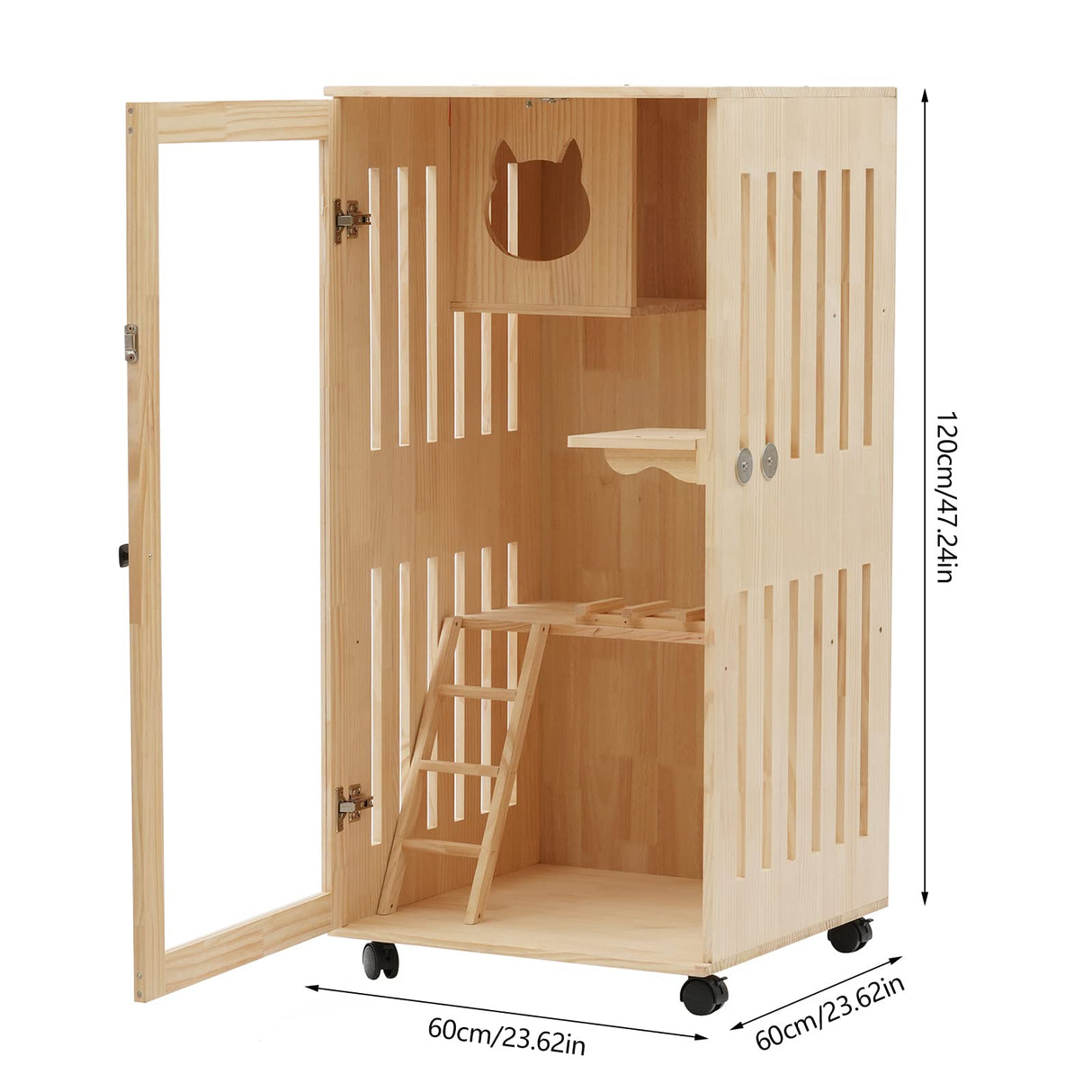 KUMOYOU Wooden Cat House, Large Space Kitten Cage, Enclosure Catio with Ramp and Covered, Lockable Wheels Double Layer Pet Home, Animal Cages for Outdoor Indoor Terrace (Wood, H47.24Inch) KUMOYOU