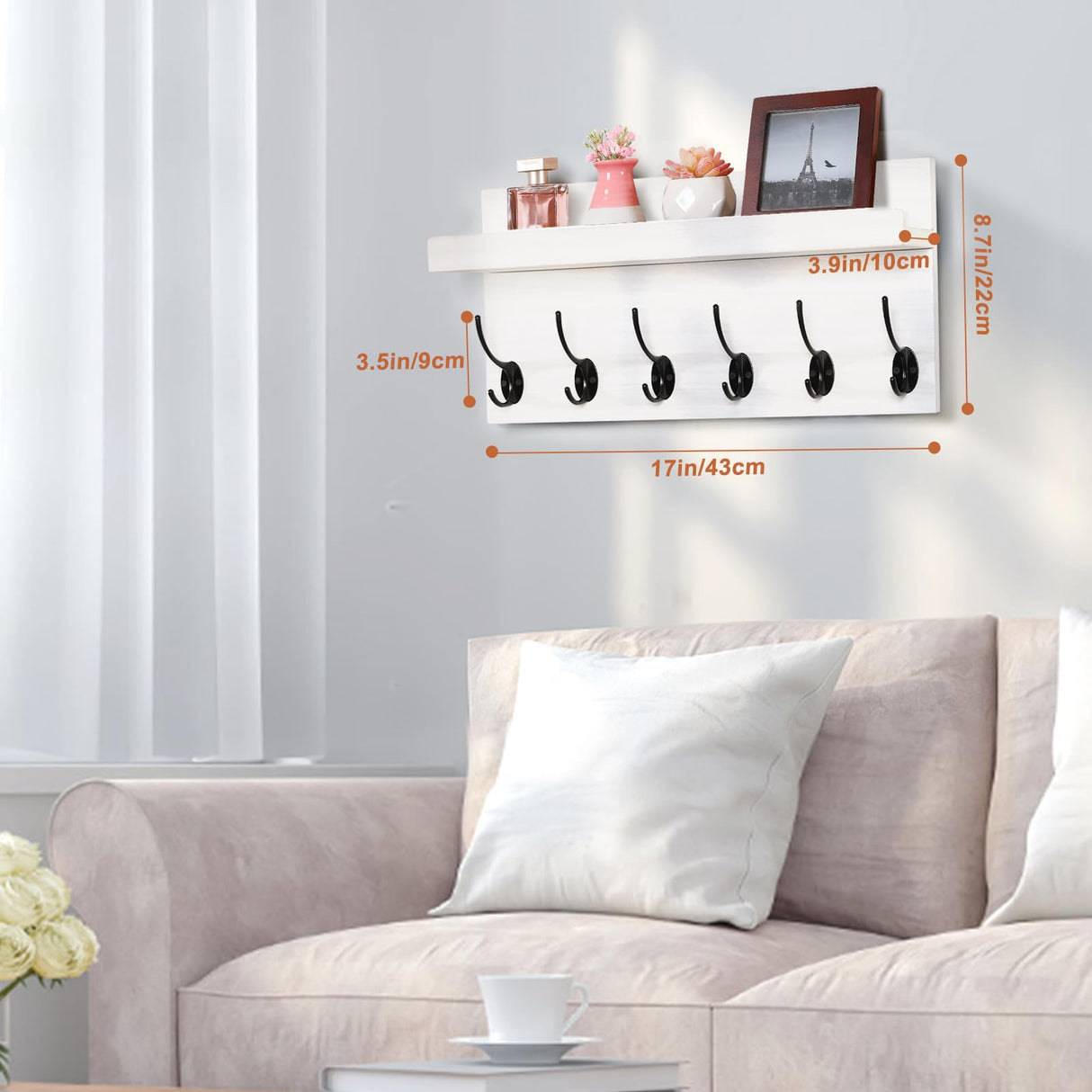 HRONRAD Shelf with Hooks, Coat Rack Wall Mount with 6 Double Metal Hooks, 17 Inch Farmhouse Wall Hooks with Shelf for Entryway, Bathroom, Kitchen, White HRONRAD