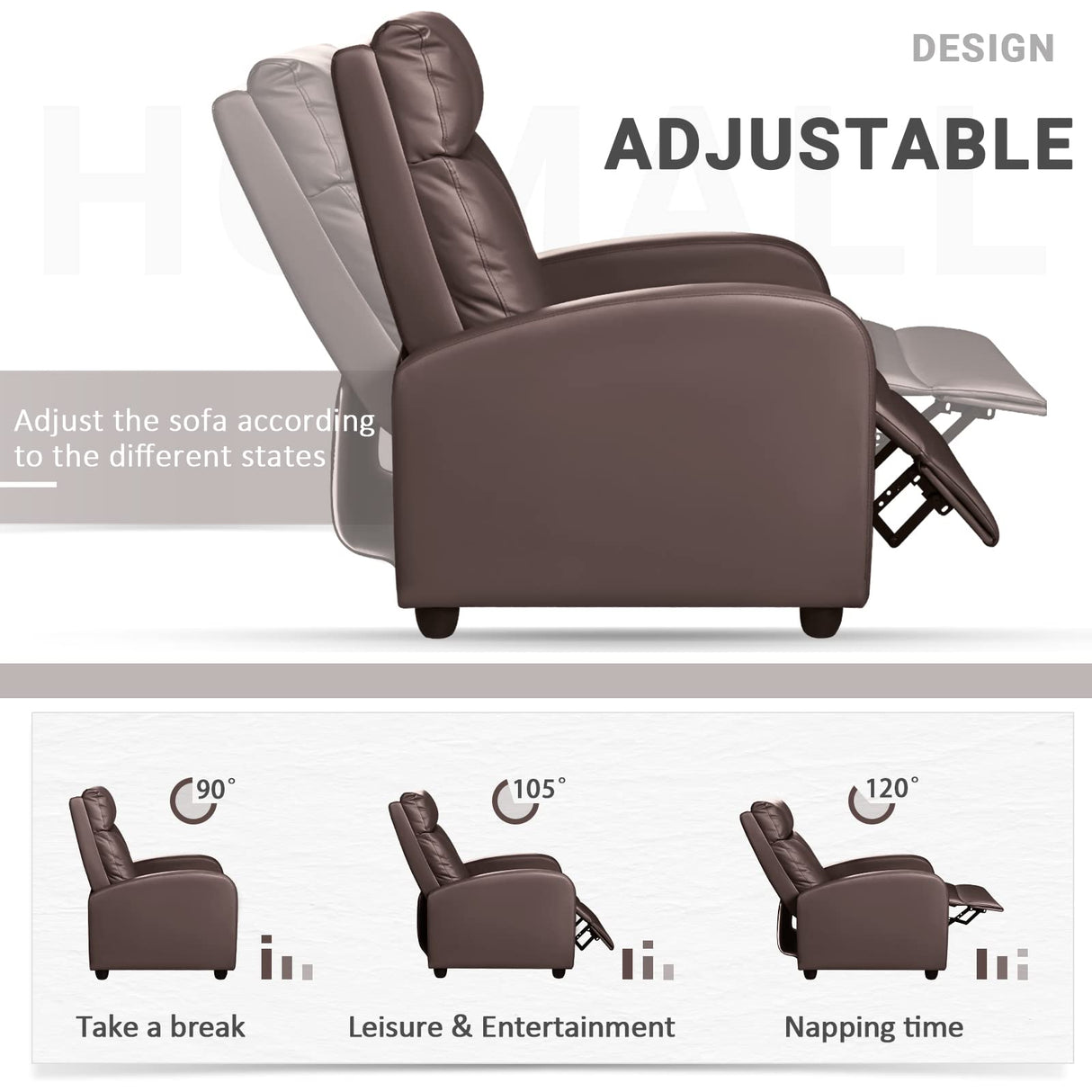 Homall Recliner Chair, Recliner Sofa for Adults, Recliners Home Theater Seating with Lumbar Support, Reclining Sofa Chair for Living Room (Leather, Brown) Homall