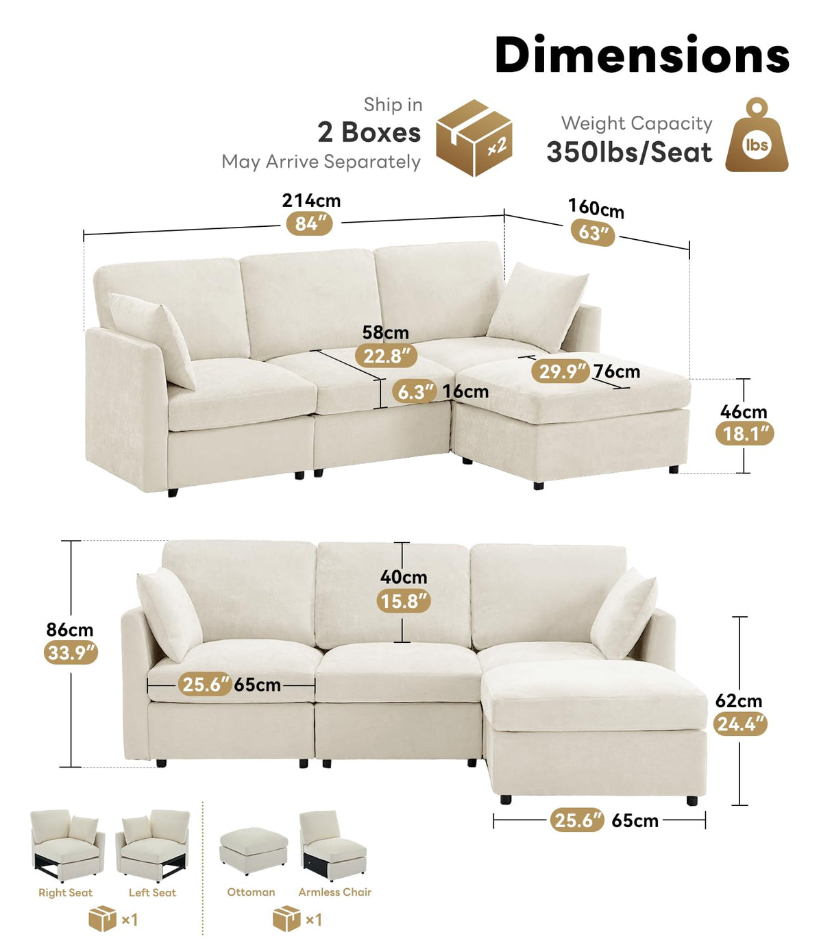 Tbfit 85" Convertible L Shaped Couch, Sectional Sofa for Living Room,Chenille Cloud Couch with Ottoman 4 Seat (Beige) Tbfit