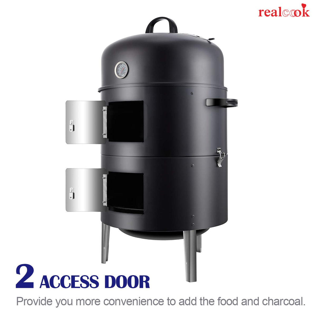 Realcook Vertical 17 Inch Steel Charcoal Smoker, Heavy Duty Round BBQ Grill for Outdoor Cooking, Black Realcook