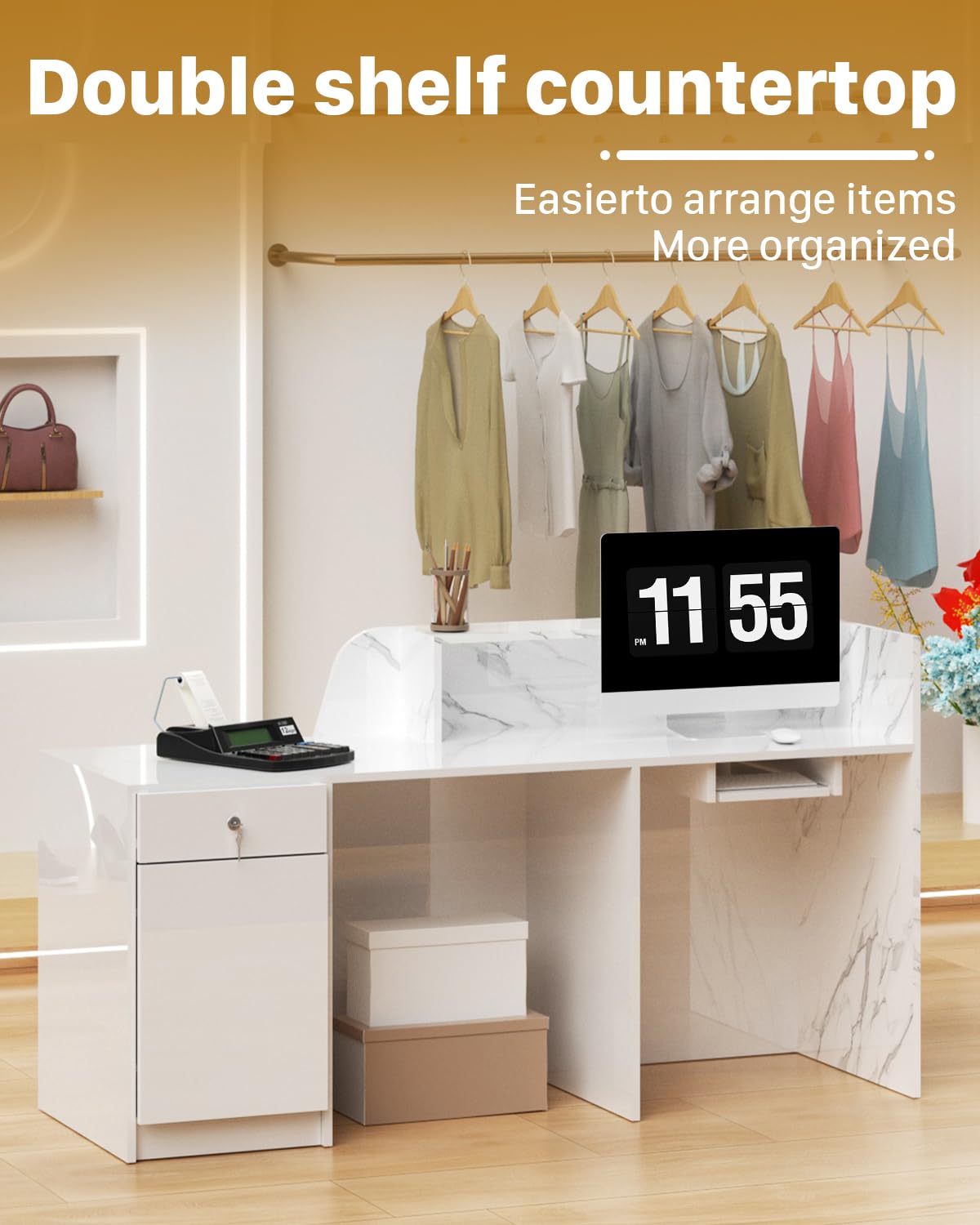 Modern Reception Desk with Counter, Solid Wood Retail Counter with Lockable Drawer & Shelves, White Front Desk for Checkout, Lobby, Beauty Salon, Barber and Office (63in,Left) Generic