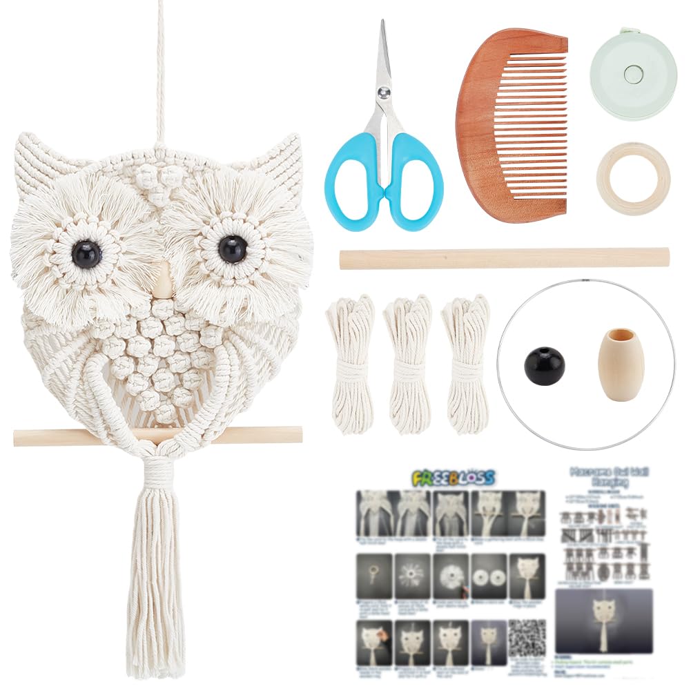 FREEBLOSS Macrame Owl Kit for Beginners Macrame Wall Hanging Kit DIY Macrame Kit with Video Tutorial Macrame Hanging Decor for Adults Gift, Naturally white FREEBLOSS