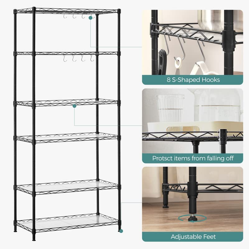 SONGMICS 6-Tier Storage Shelves, Wire Shelving Unit, Kitchen Metal Shelves, Storage Rack with Adjustable Shelves, Shelf Liners, 8 Hooks, for Garage, 11.4 x 23.2 x 63 Inches, Black ULGR066B01 SONGMICS