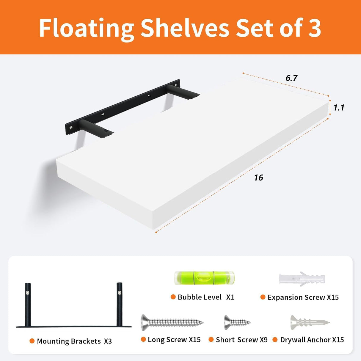 Upassion White Floating Shelves - Set of 3, 16" Wall Mounted Shelves for Home Decor, Living Room, Bedroom, Bathroom, Kitchen Upassion