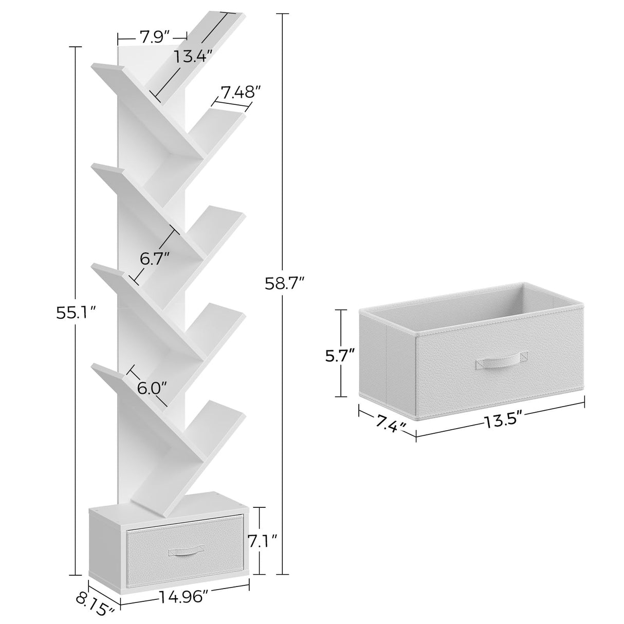 Rolanstar Tree Bookshelf with Drawer, 9 Shelf Bookshelf, Wooden Bookcase Storage Rack for CDs/Movies/Books, Corner Bookshelves, Utility Organizer Shelves for Living Room, Bedroom, White Rolanstar