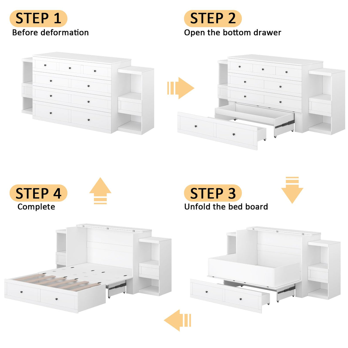 LIVAUVEAD Full Size Murphy Bed with Bedside Tables,Full Size Foldable Cabinet Bed Frame with Charging Station & Drawer,Murphy Bed Chest with Adjustable LED Light for Bedroom,Guest Room,White LIVAUVEAD