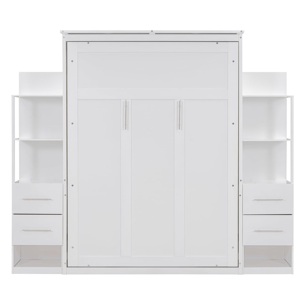 Ball & Cast Murphy Bed Full Size,Wall Bed with Shelves,can be Folded,Wood Cabinet Hideaway Bed Frame W/Drawers and LED Lights,Slat Support,for Kids Bedroom,Student,White Ball & Cast