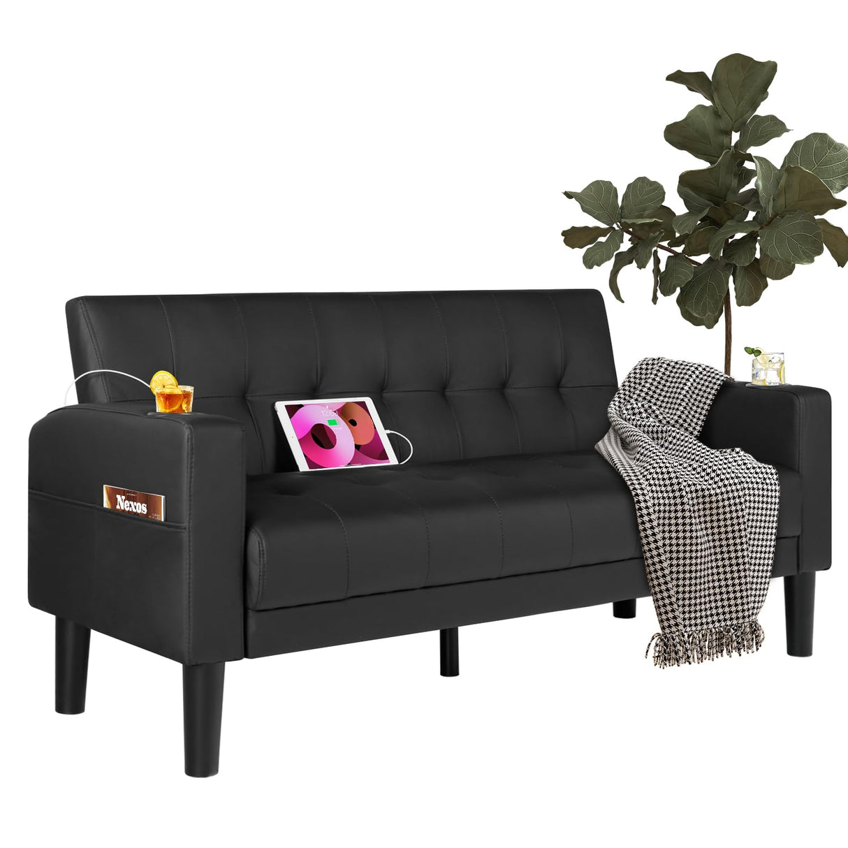 AILEEKISS 62" Loveseat Couches Upholstered Leather Love Seat Sofas Couch with 2 USB, Cup Holders, Side Pocket, Mid-Century Modern Tufted Sofa for Living Room,Office,Bedroom,Apartment (Black, 2-Seat) AILEEKISS