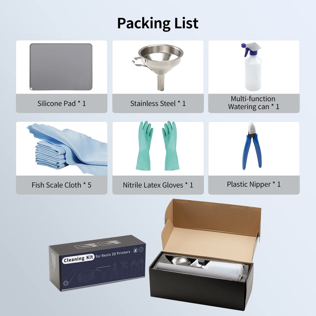 ANYCUBIC Resin 3D Printer Accessories Tool Kits, Silicone Pad, Stainless Steel Resin Filter, Multi-Function Water Bottle, Fish Scale Cloth, Golves, Plastic Nipper for Cleaning and 3D Printing ANYCUBIC
