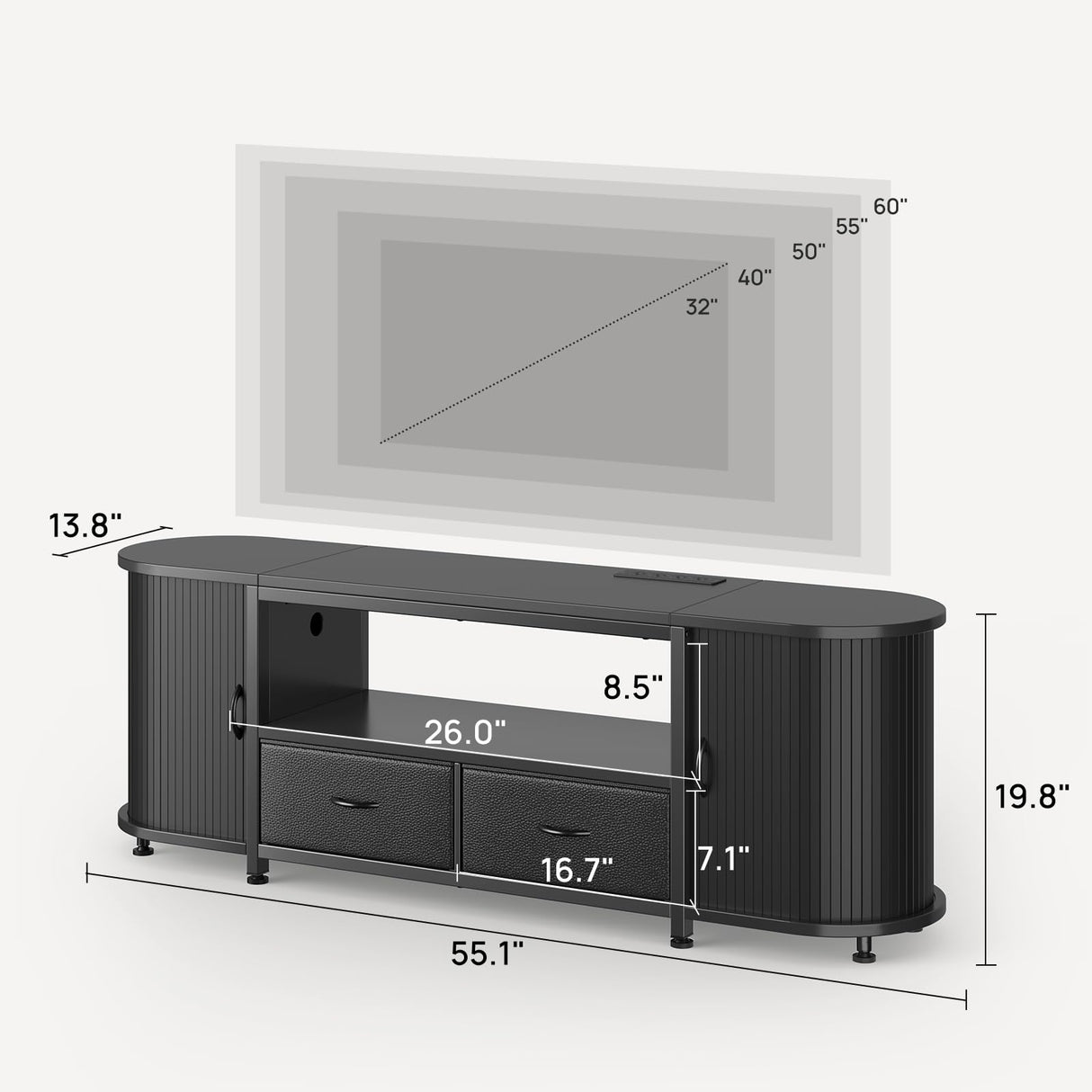 Rolanstar TV Stand for 55 60 inch TV, Entertainment Center with Power Outlet and LED, 2 Fabric Drawers TV Console with 2 Cabinet, Open Shelf, Sliding Door, Media Console for Bedroom/Living Room Rolanstar