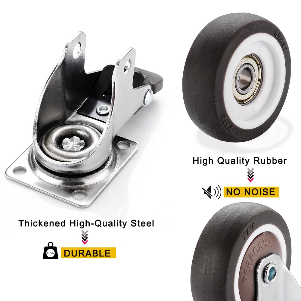 1.5 Inch Caster Wheels for Small Furniture Heavy Duty Casters, Rubber 360º Swivel Casters Set of 4 (2 with Brakes&2 Without), Locking Plate Casters for Carts, Cabinet Moving ZUOFANG