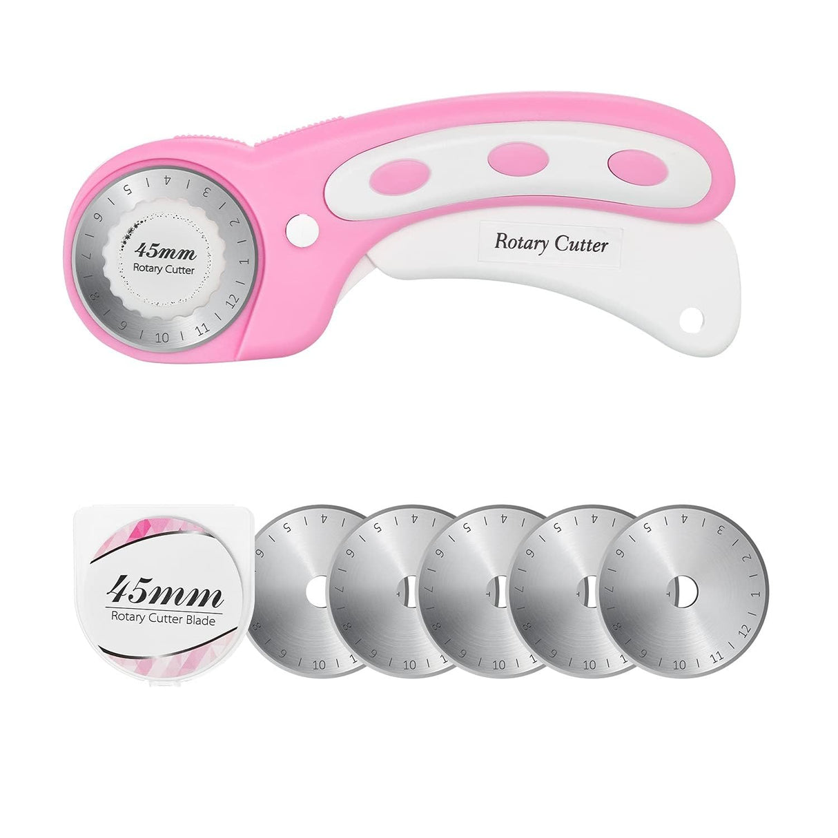 45mm Rotary Cutter with 5pcs Extra Blades, Ergonomic Handle Rolling Cutter with Safety Lock for Fabric, Leather, Crafting, Sewing, Quilting, Fabric Rotary Cutter Perfect for Left & Right Hand(Pink) Headley Tools