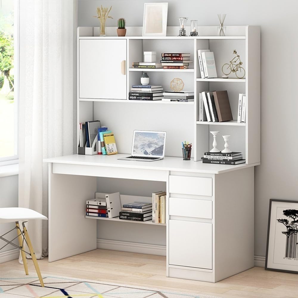 LITFAD Modern Computer Desk Work from Home Desk with Hutch, Bookcase and Integrated Cable Management, Rectangular Wood Office Desk 3 Drawers, White 47.2" L x 17.7" W x 64.2" H LITFAD
