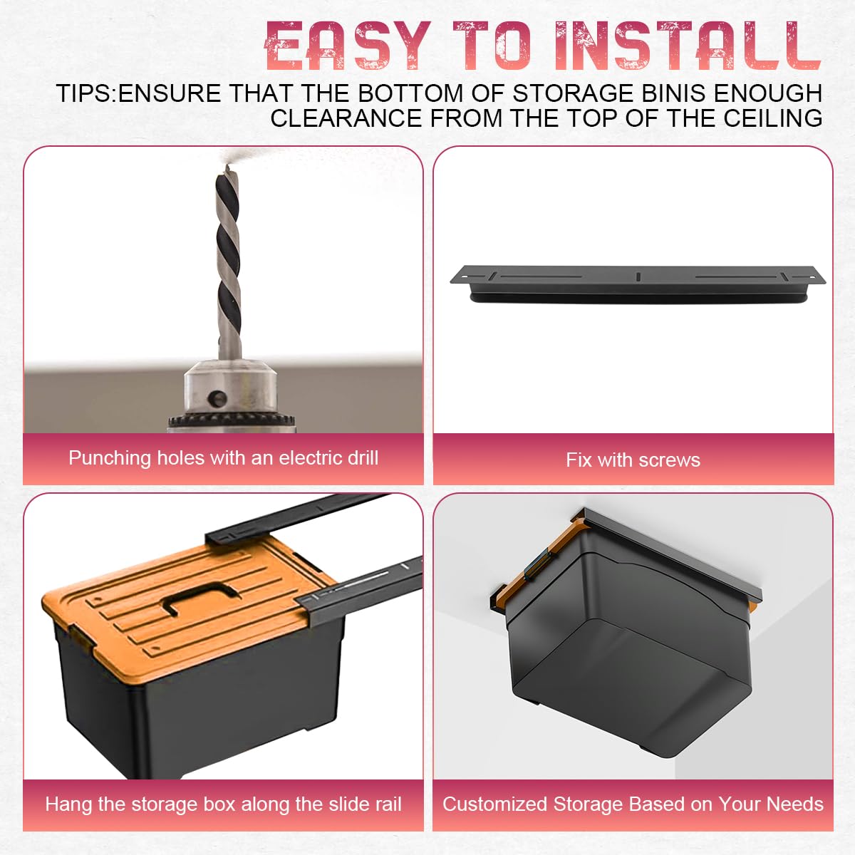 GLOBLED Overhead Garage Storage Rack, Adjustable Ceiling Mounted Garage Organizer, Heavy Duty Metal Overhead Shelf support up to 2 Bin,Space Saver Storage System for Home, Basement – Black GLOBLED