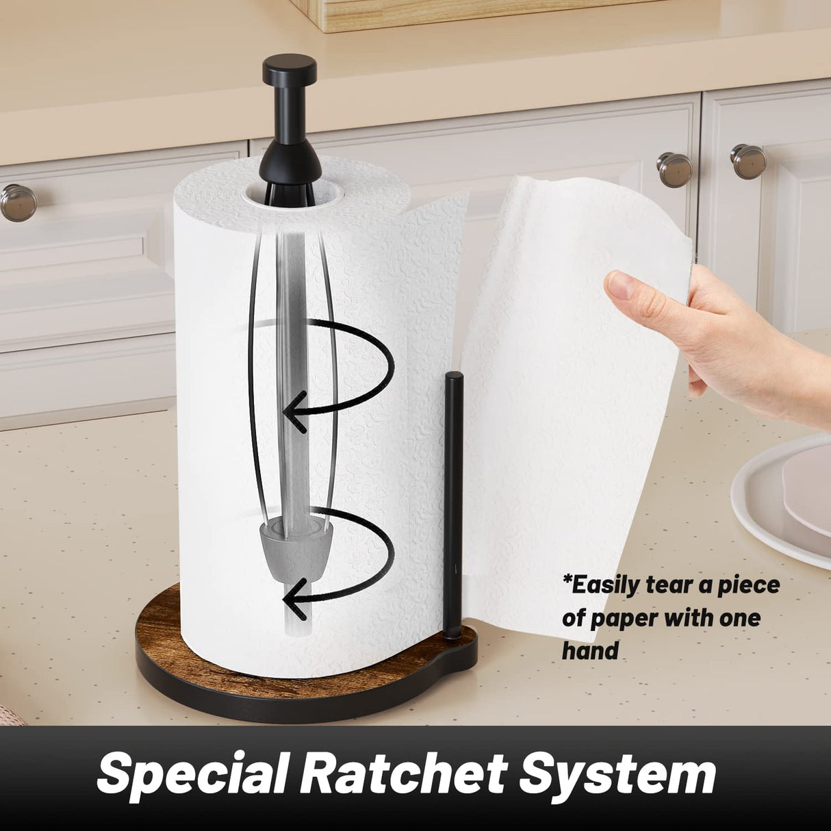 VEHHE Paper Towel Holder Countertop, One-Handed Tearing Wood Paper Towel Holder Farmhouse with Ratchet System and Suction Cups, Stainless Steel Paper Towel Holders for Bathroom and Kitchen VEHHE