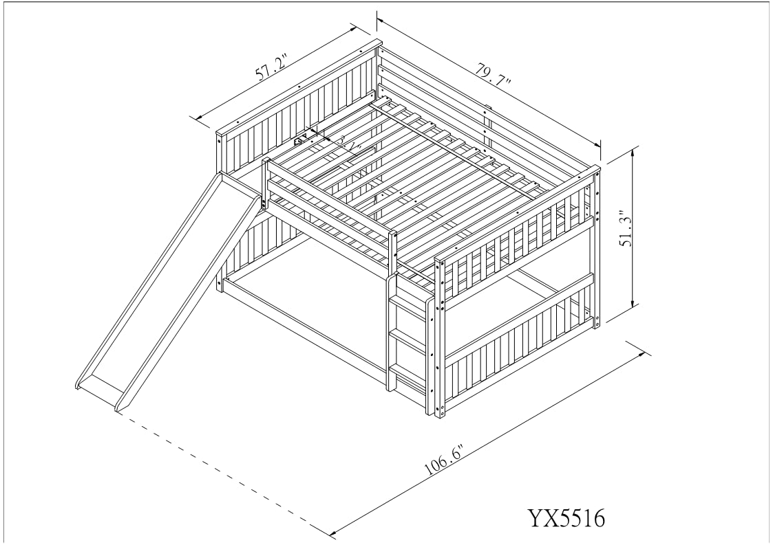 Bellemave Full Over Full Bunk Bed with Slide and Ladder, Low Bunk Bed for Kids, Girls, Boys, Floor bunk beds, White Bellemave