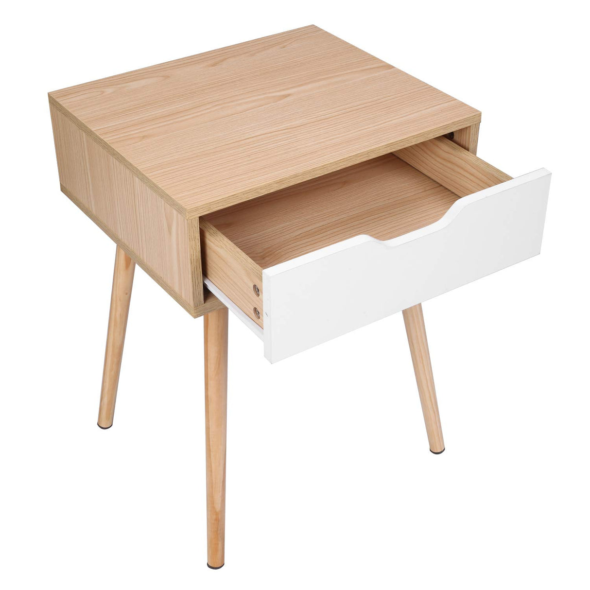 Bonnlo White & Nature Wood Nightstand End Side Table with Drawer & Solid Wood Legs for Living Room, Bedroom, Small End Side Table Bed Side Tables/Night Stands for Small Spaces, 18.2x15.7x24.4in Bonnlo