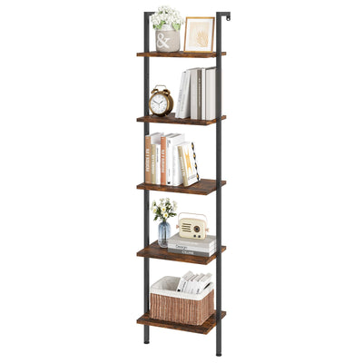 ELYKEN Ladder Shelf, 5-Tier Wood Wall Mounted Bookshelf with Metal Frame, Vintage Open Display Organizer Rack, Leaning Storage Shelves for Living Room, Bedroom, Home Office, Rustic Brown