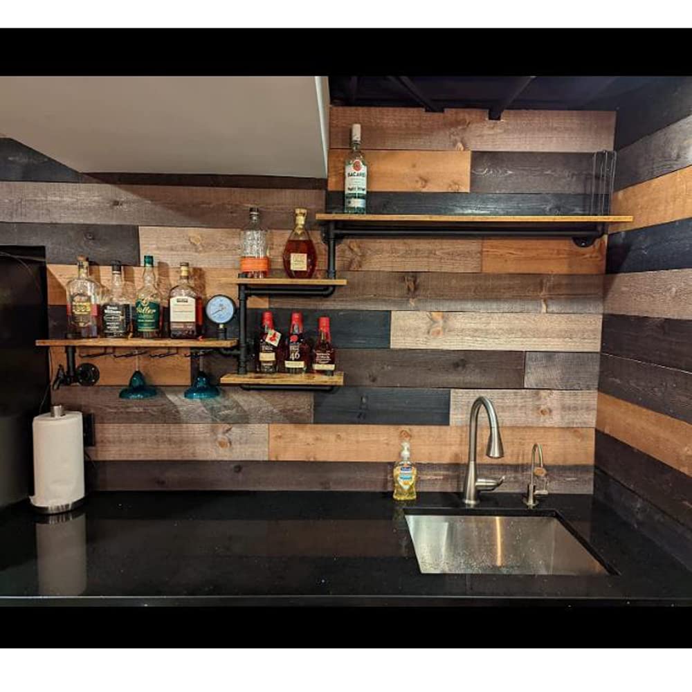 HEONITURE Industrial Pipe Shelves Wine Rack Wall Mounted with 4 Stem Glass Holder,Bar Shelves 39in Metal Hanging Wine Rack, Rustic Floating Pipe Shelf, Living Room Kitchen Decor Display Rack HEONITURE